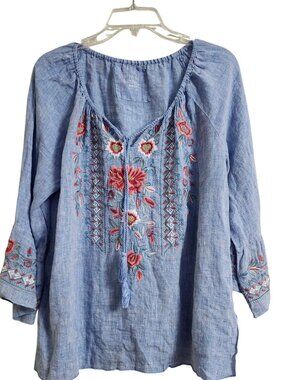 Karyn Seo Womens M Blue 100% Linen Embroidered Floral Peasant Blouse Boho